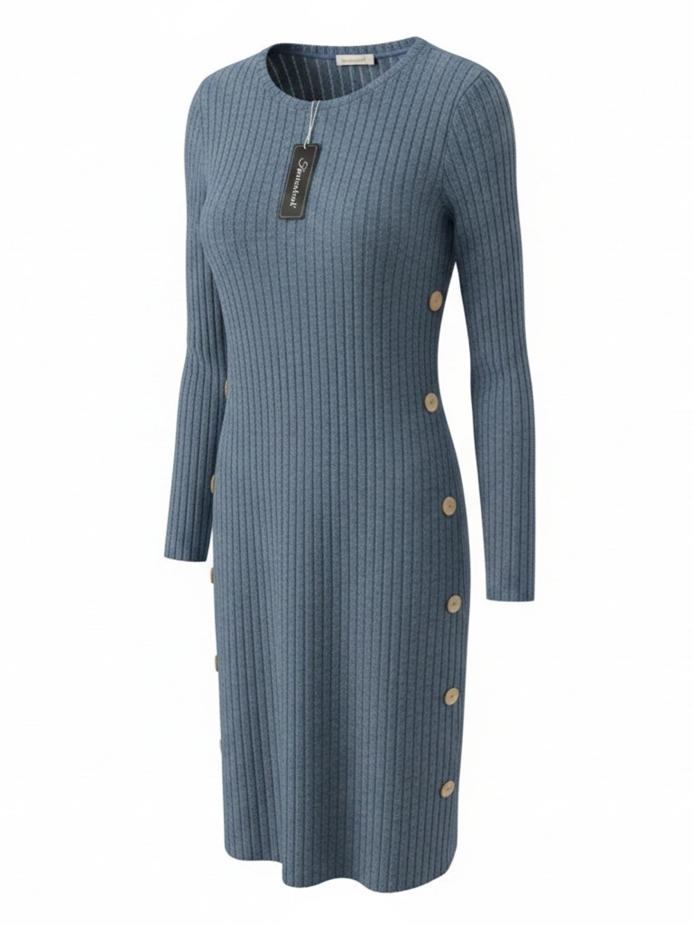 Fantaslook Women's Ribbed Button-Side Knit Dress - Blue w/Pockets (M)